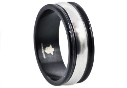 Mens 8mm Black And Silver Stainless Steel Band Ring