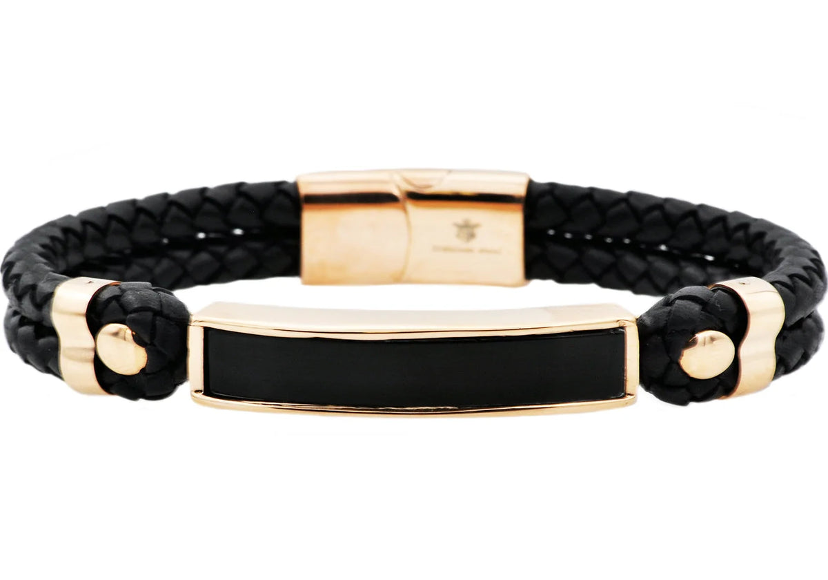 Men's Genuine Onyx and Black Leather Rose Stainless Steel