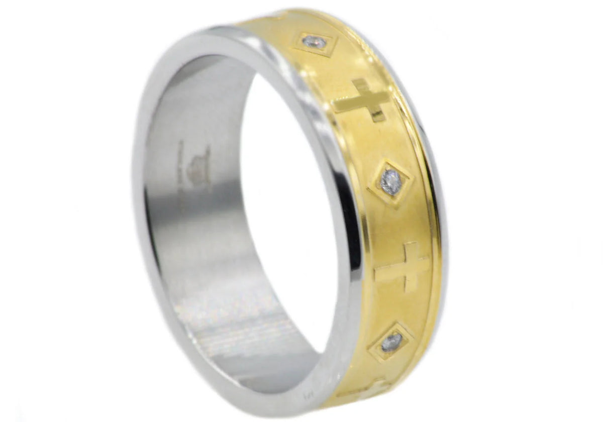 Mens Gold Stainless Steel Cross Band Ring With Cubic Zirconia