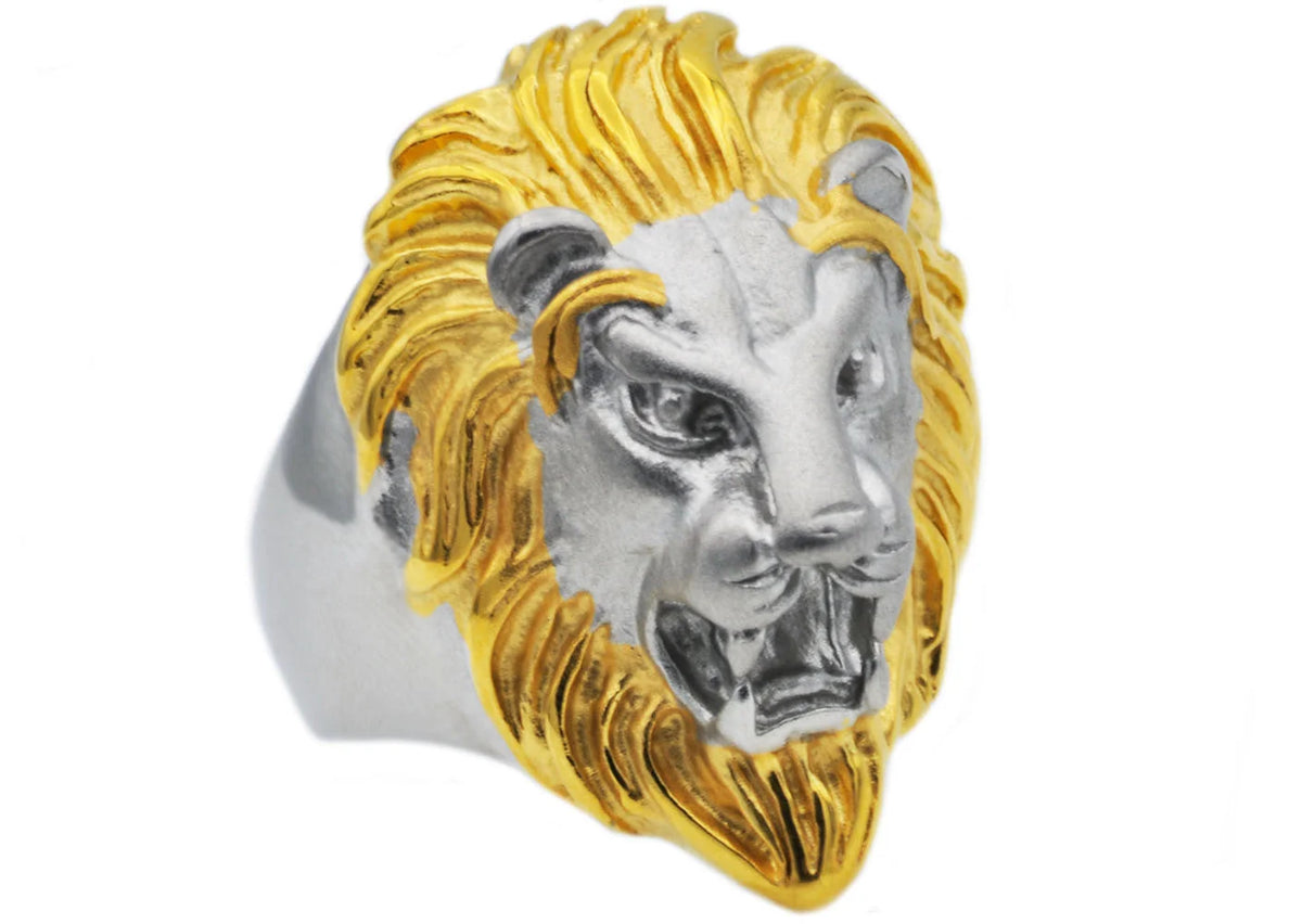 Mens Gold Stainless Steel Lion Ring