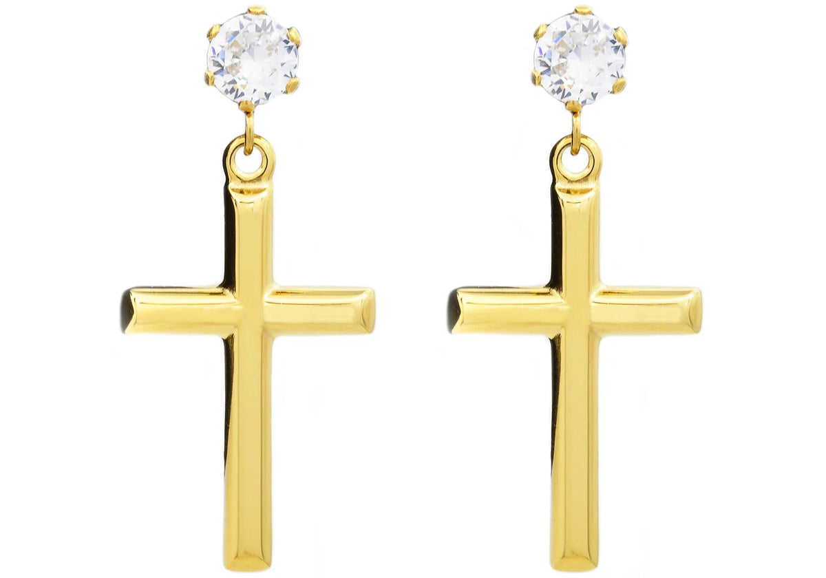 Mens Gold Stainless Steel Cross Earrings With Cubic Zirconia