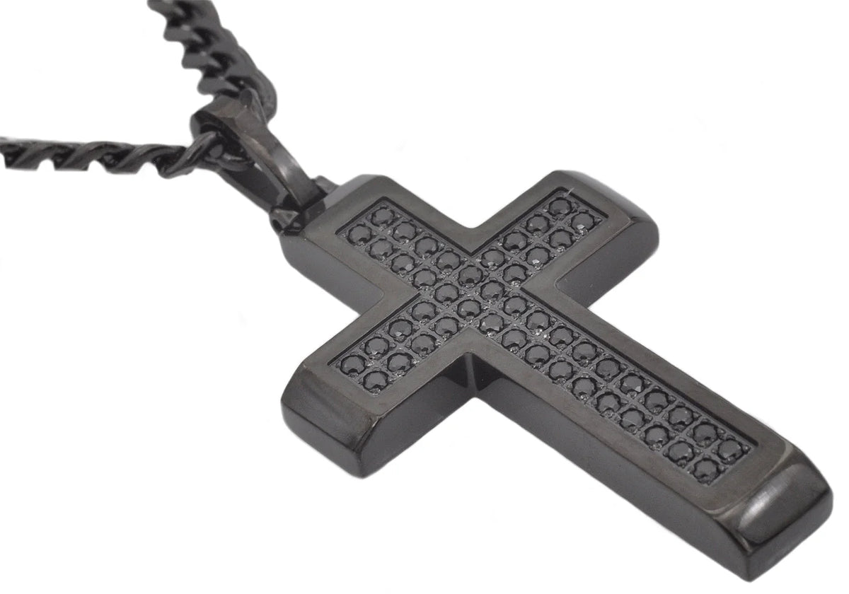 Mens Black Stainless Steel Cross Pendant With Black Cubic Zirconia