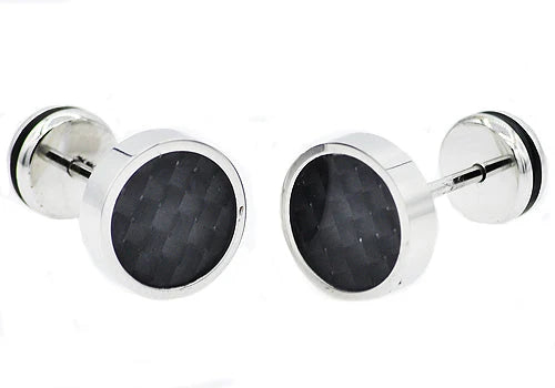 Mens 9mm Stainless Steel Earrings With Black Carbon Fiber