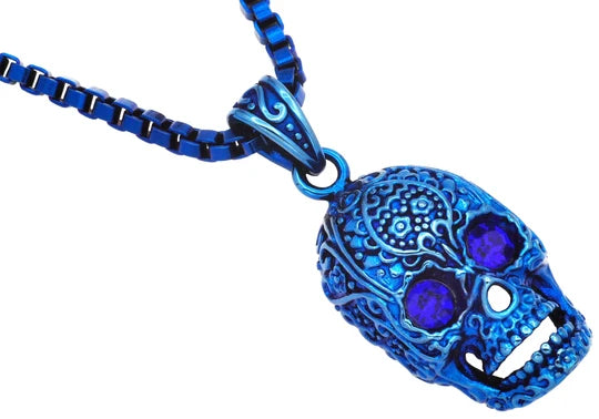 Mens Blue Stainless Steel Skull Pendant With Black Cubic Zirconia