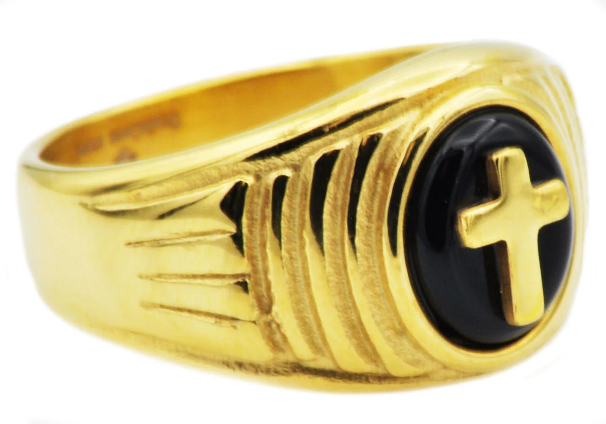 Mens Onyx And Gold Stainless Steel Cross Ring