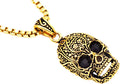 Mens Gold Stainless Steel Skull Pendant With Black Cubic Zirconia