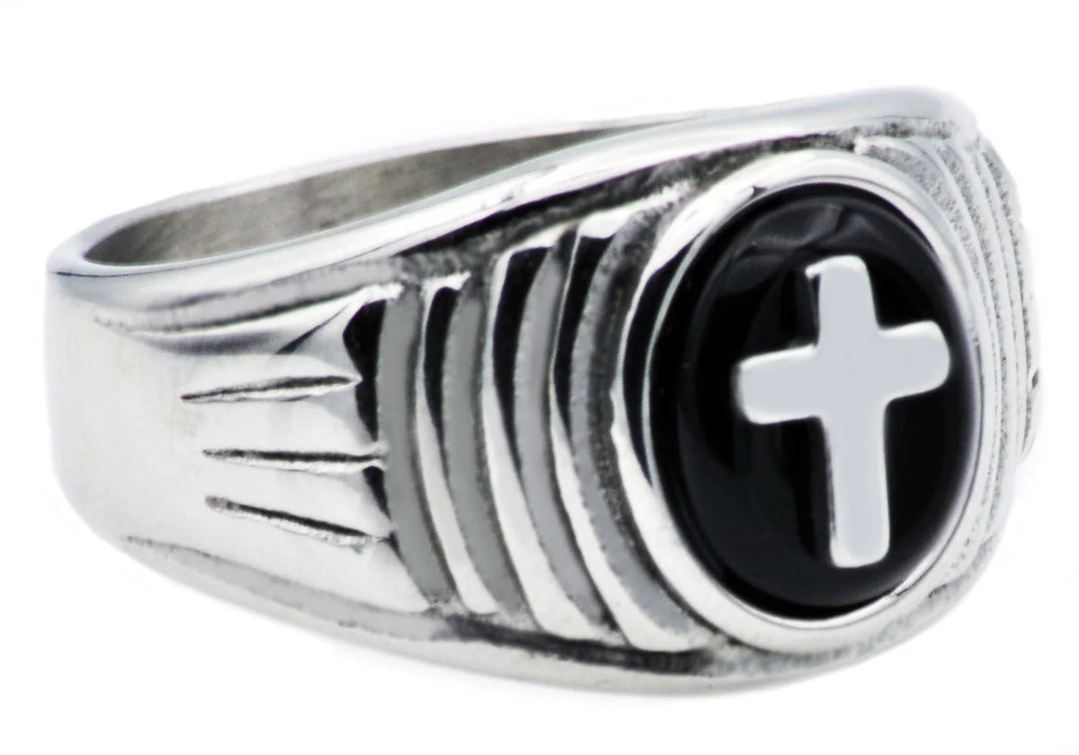 Mens Onyx And Stainless Steel Cross Ring