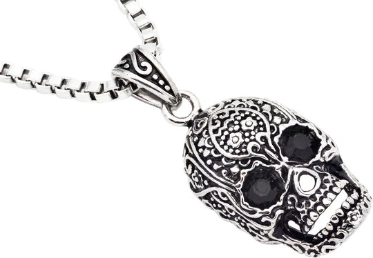 Mens Stainless Steel Skull Pendant With Black Cubic Zirconia