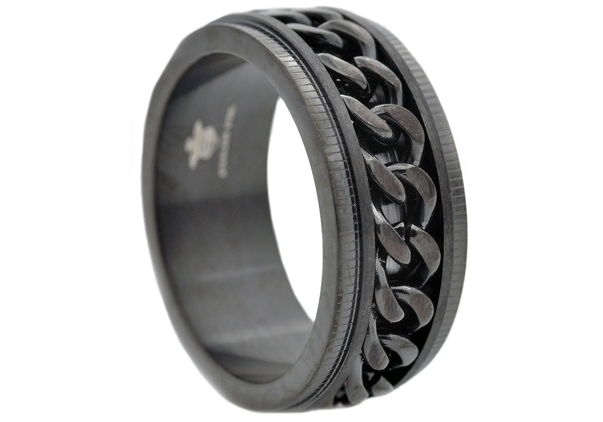 Mens 10mm Black Stainless Steel Chain Ring