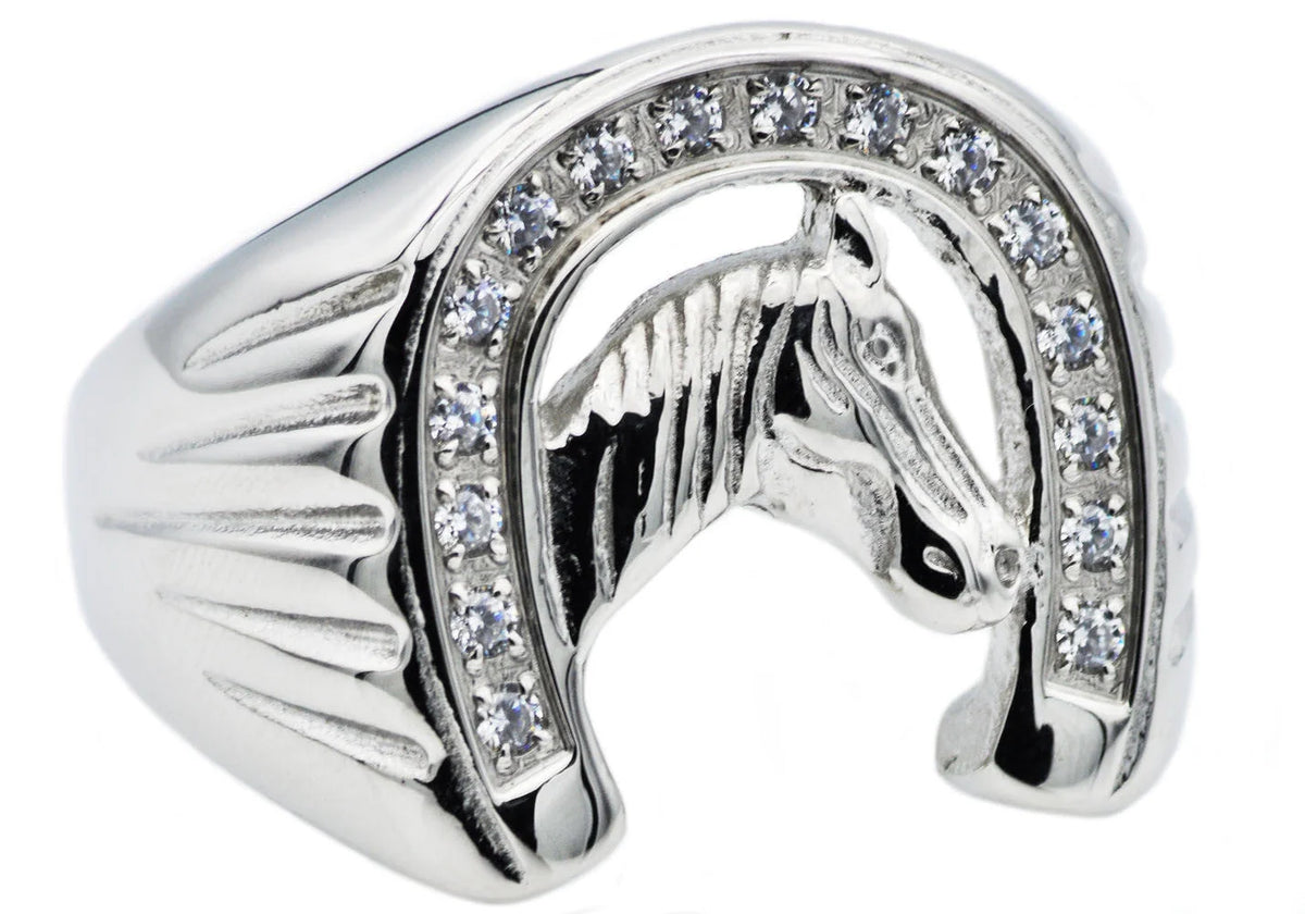 Mens Stainless Steel Horse Shoe Ring With Cubic Zirconia