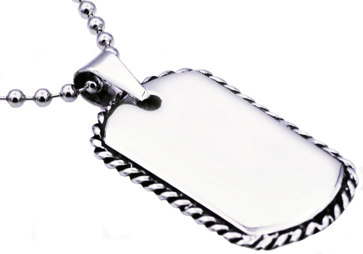 Mens Rope Border Stainless Steel Dog Tag Pendant Necklace