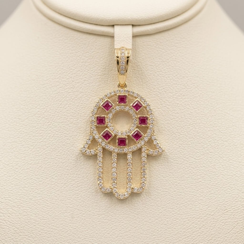14k White Gold Ruby Hamsa Pendant