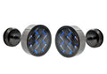 Mens 9mm Black Plated Stainless Steel Earrings With Blue Carbon Fiber