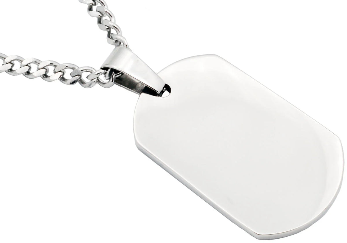 Mens Stainless Steel Engravable Dog Tag Pendant Necklace With 24" Curb Chain