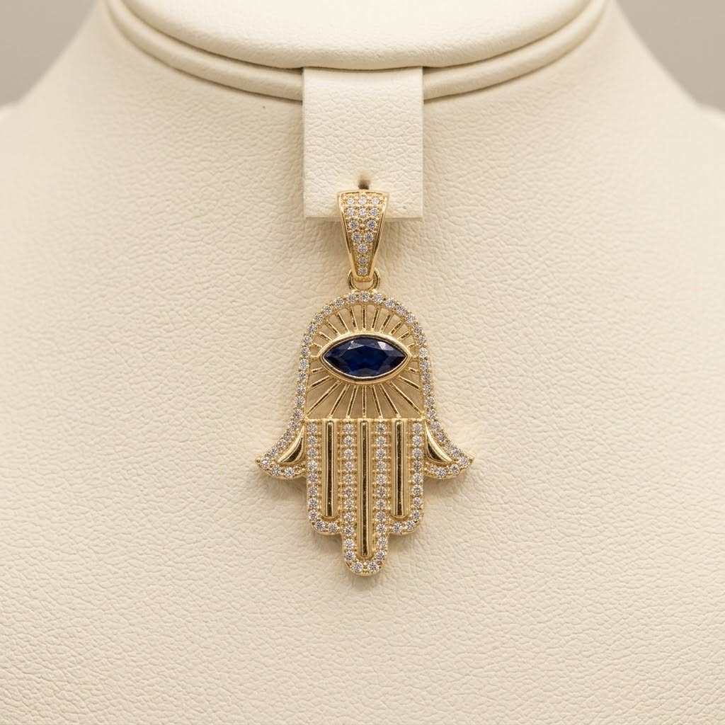 14K Yellow Gold Sapphire Eye Hamsa