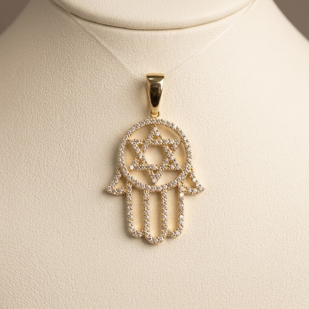 14k Yellow Gold Star Hamsa Pendant