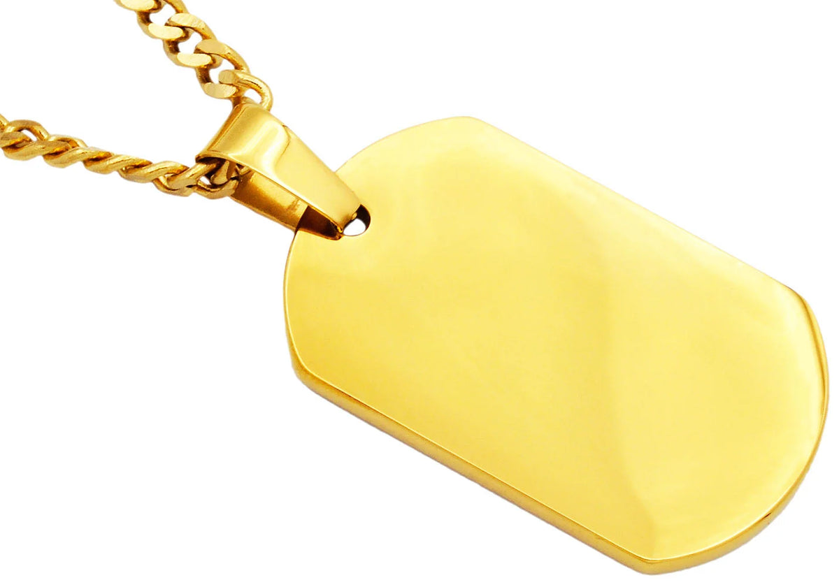 Mens Gold Stainless Steel Engravable Dog Tag Pendant Necklace With 24" Gold Curb Chain