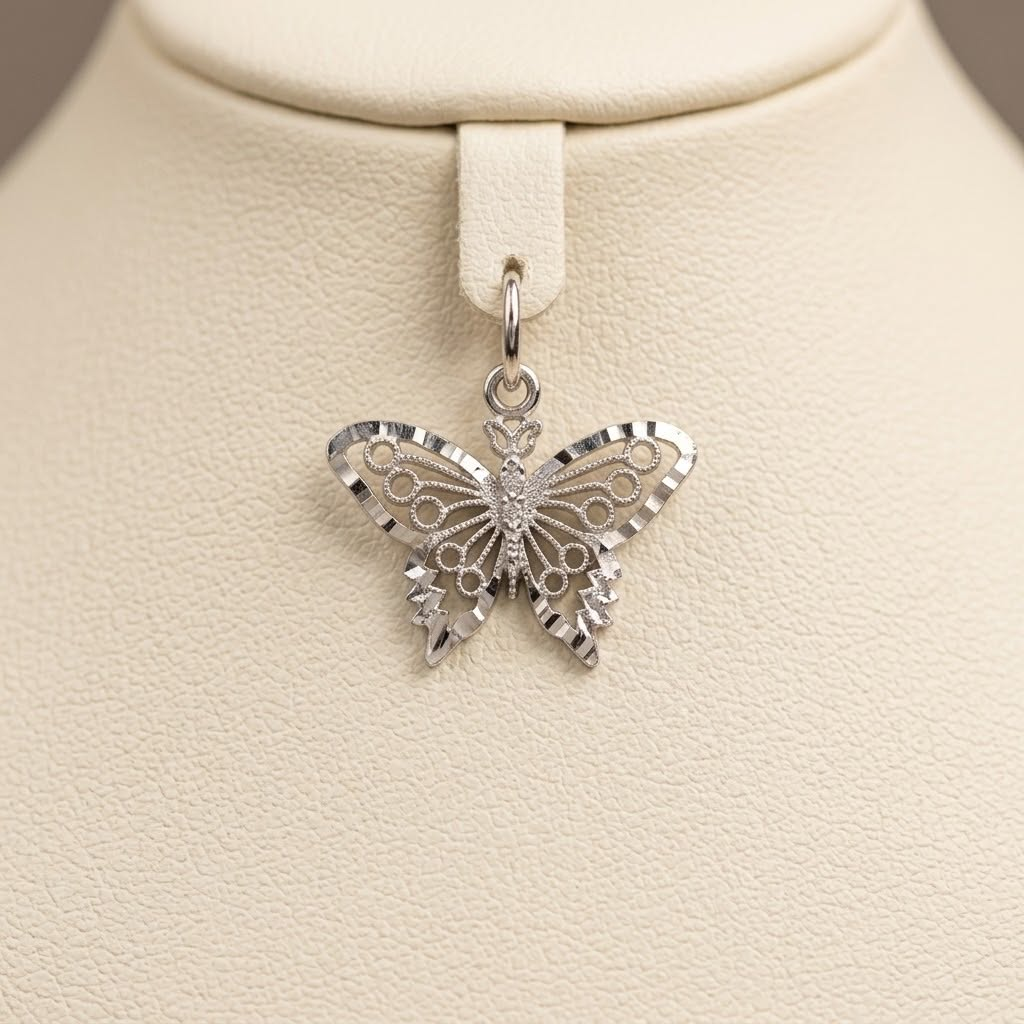 14k White Gold Buterfly Diat Cut Pendant