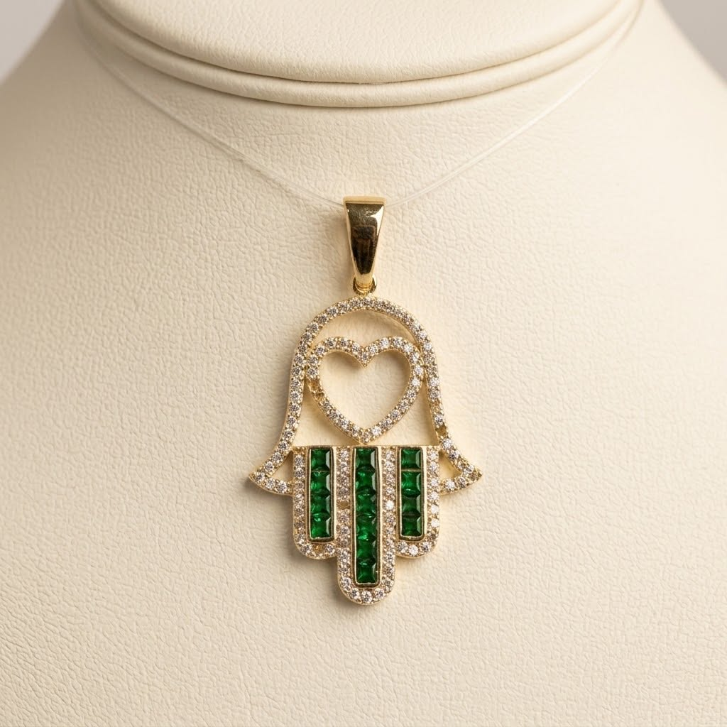 14k Yellow Gold Sapphire Hamsa w/ Heart