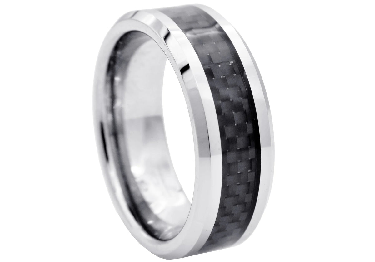 Mens Tungsten Band Ring With Carbon Fiber