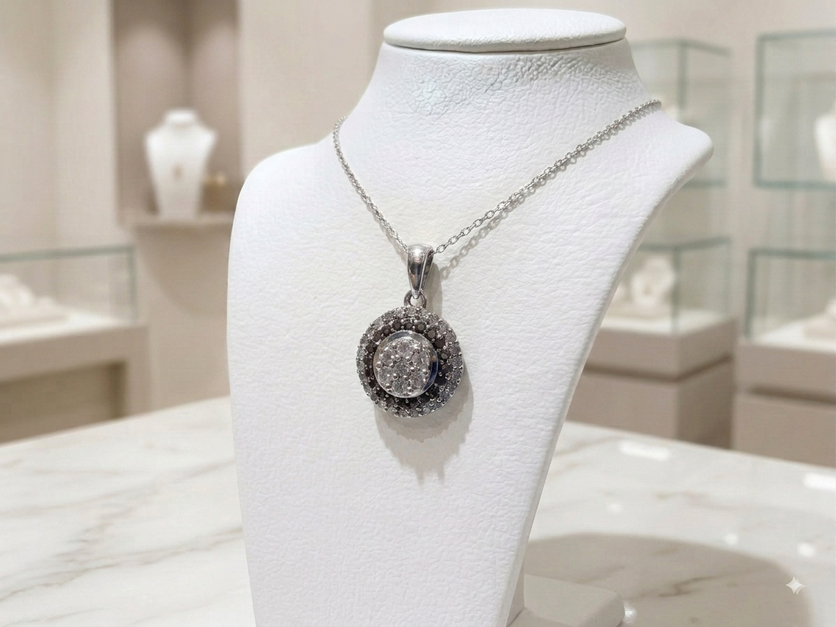 10K White Gold Black & White Diamond Pendant & Chain