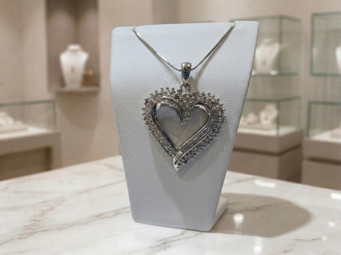 10K White Gold Diamond (Heart) Pendant & Chain